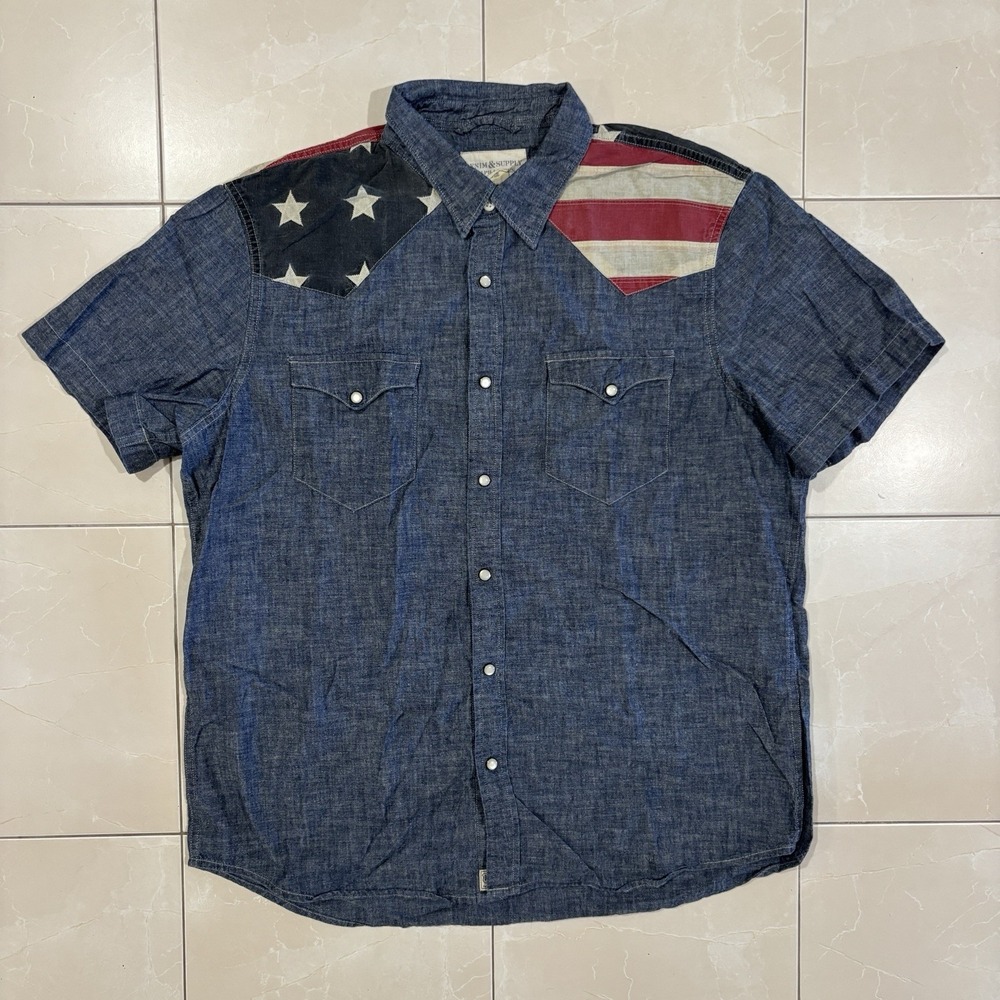 Denim & Supply Ralph Lauren American Flag Chambray Pearl Snap Shirt Sawtooth XL